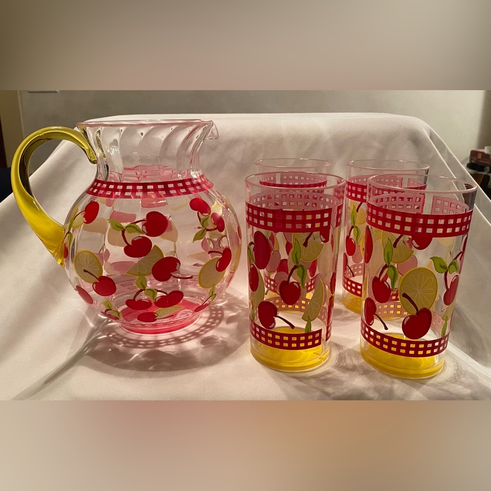 Bed Bath & Beyond Red Cherry & Yellow Lemon Acrylic Pitcher Set|Yellow Handle